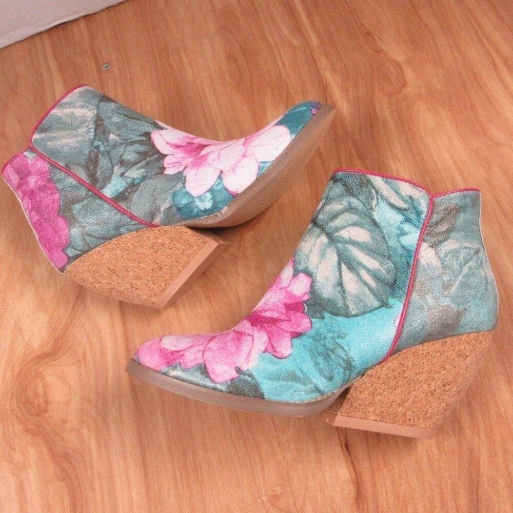 Floral Leather Boho Festival Boots Booties Sz‎ 6.5 Pink Green Bohemian Shoes NEW